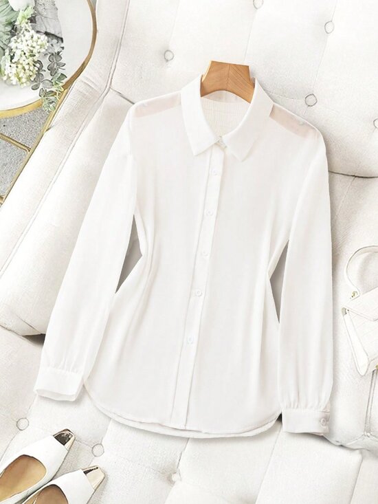 White Casual Women's Transparent Plain Collared Shirt - Picture 3 of 5